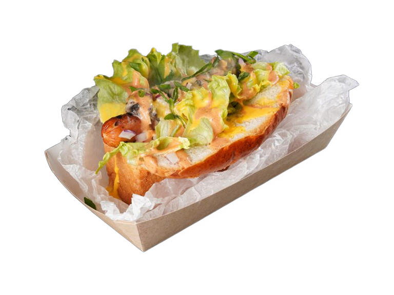 Хот-дог Бриошь с куриной сосиской и грибным жульеном